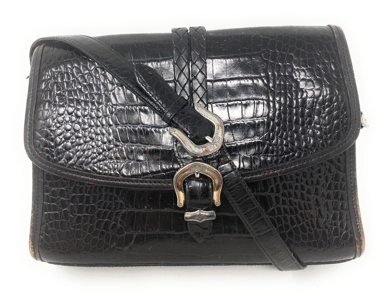 Vintage Brighton Black Croc Embossed Leather Silver Belt Buckle Shoulder Bag image 1