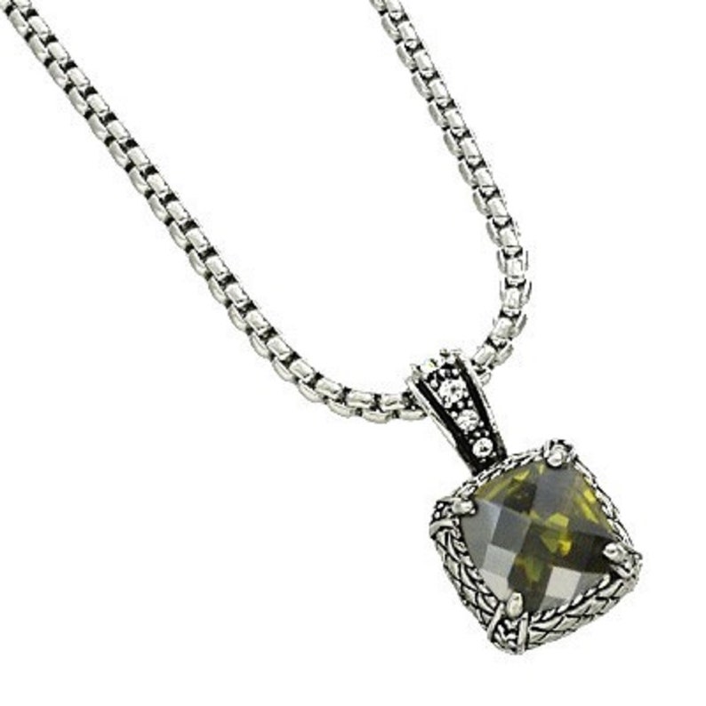 May include: A silver chain necklace with a square-shaped pendant featuring a dark green gemstone surrounded by silver accents.