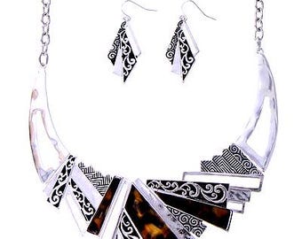 Brighton Inspired Silver Filigree Tortoise Shell Collar Necklace Set