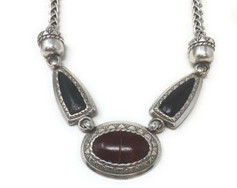 Brighton Silver Braided Chain Necklace with Leather Inlay Pendants 16.5”