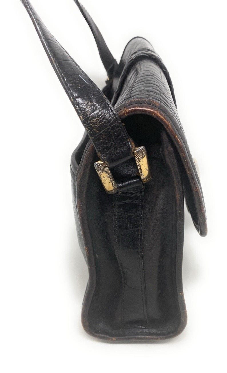 Vintage Brighton Black Croc Embossed Leather Silver Belt Buckle Shoulder Bag image 3
