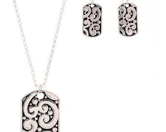 Brighton Inspired Silver Decorative Dog Tag Silver  Necklace Set