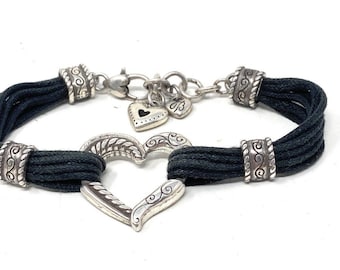 Brighton Silver Heritage Heart Black Cord Bracelet