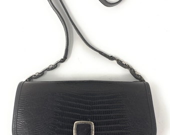 BRIGHTON Black Leather Crossbody Silver Chain Buckle Link Strap Bag Purse U.S.A