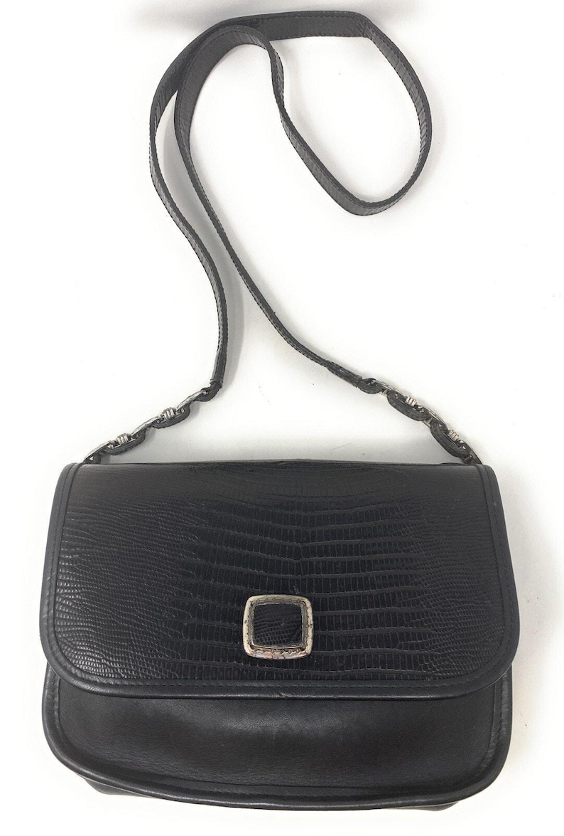 BRIGHTON Black Leather Crossbody Silver Chain Buckle Link Strap Bag Purse U.S.A image 1