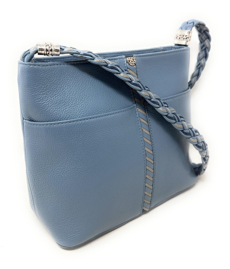 Brighton Beaumont Heaven Blue Pebble Leather Purse Shoulder Square Bucket Bag image 9