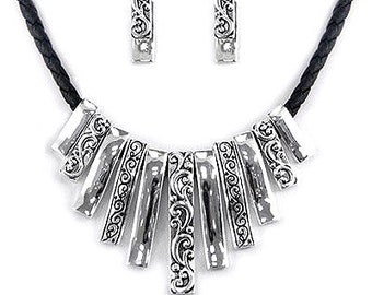 Brighton Inspired Silver Decorative Scroll Bar Black Cord Necklace Earring Set