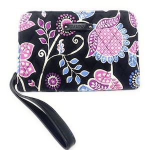 Vera Bradley Zip Around Wallet Wristlet Leather Trim Alpine Floral Black