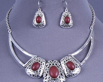 Brighton Inspired Silver Vine Red   1.5 " Drop Pendant Necklace Set