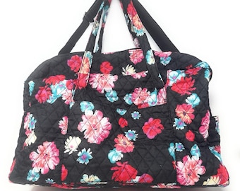 Quilted Small Duffle Purse Make-up Travel Bag Black Red Floral Inner Pocket