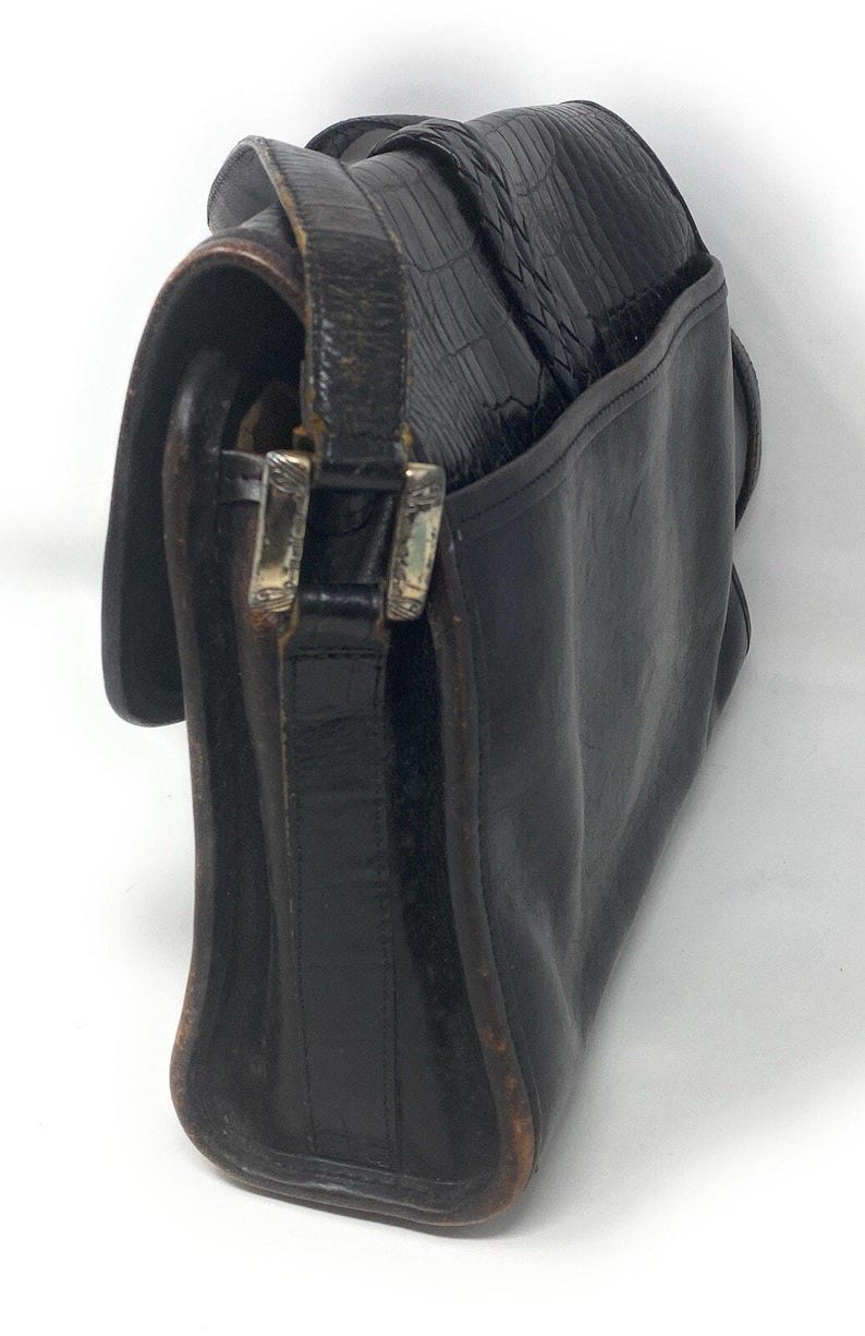Vintage Brighton Black Croc Embossed Leather Silver Belt Buckle Shoulder Bag image 2