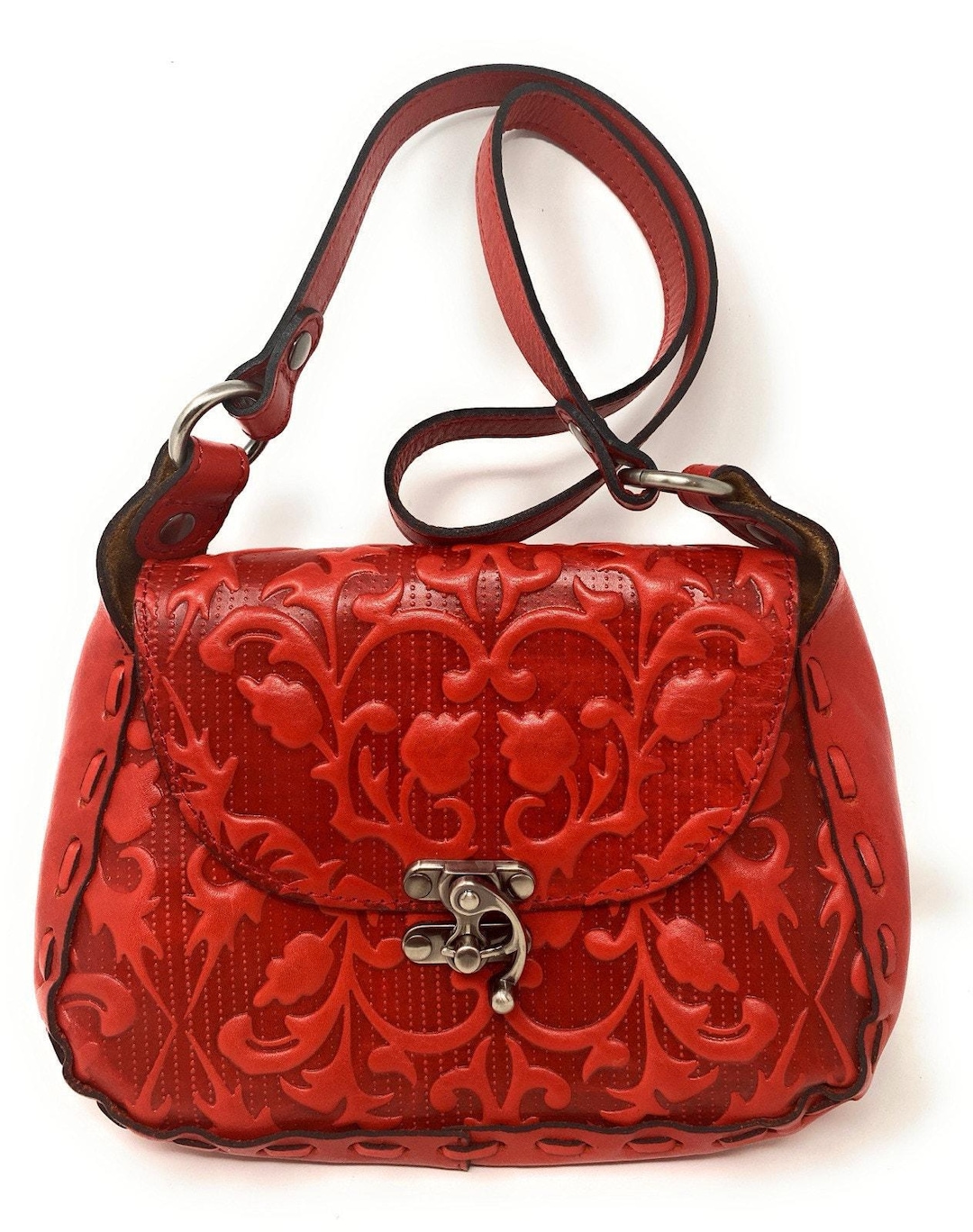 Patricia Nash Micaela Tooled Vine Lava Red Whipstitch Shoulder Bag