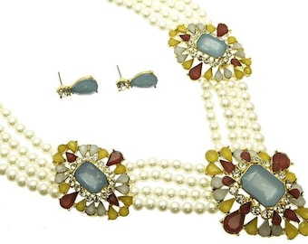 Pearl Crystal Teal Flower multi Strand Gold Necklace set
