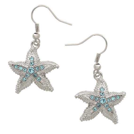 Blue Topaz Silver Crystal Cz Starfish Earrings Brighton Inspired