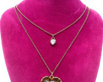 New BETSEY JOHNSON Leopard Print Heart Crystal Pendant Double Strand Necklace