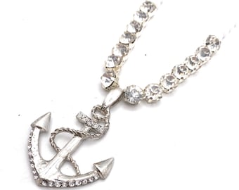 Zilveren Crystal Anchor Beach nautische witte kralen ketting