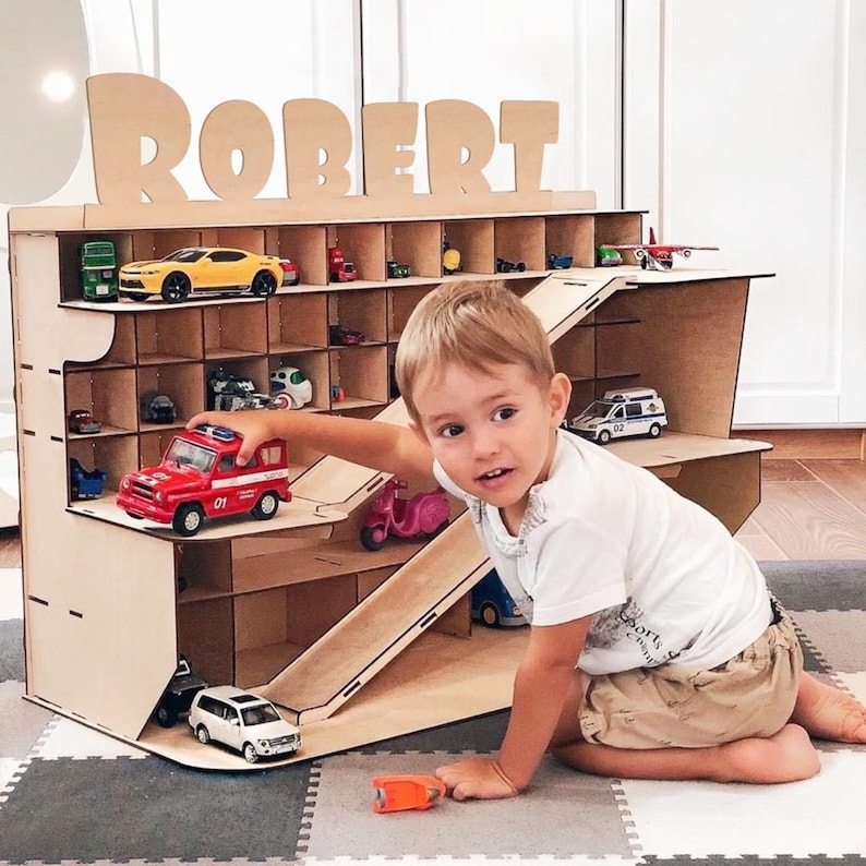 Toy cars garage—Toddler boy birthday gift toy montessori custom name image 1