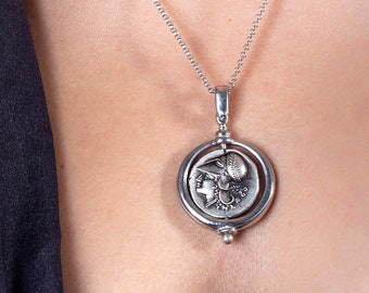 Athena Pegasus Münze Anhänger, Sterling Silber doppelseitige griechische Göttin Halskette