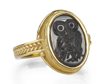 Owl ring Onyx intaglio ring Goddess Athena Black stone ring Signet ring Gold Ring Womens ring Mens jewelry Ancient greek Gift Ideas for Her