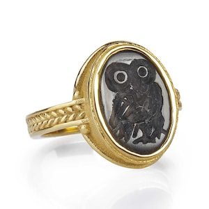 Owl ring Onyx intaglio ring Goddess Athena Black stone ring Signet ring Gold Ring Womens ring Mens jewelry Ancient greek Gift Ideas for Her