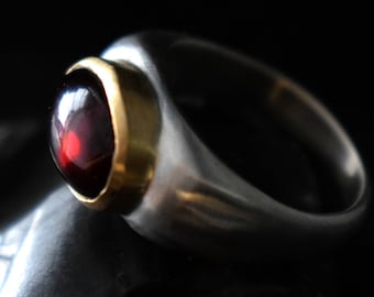 Antique signet ring Man garnet ring Natural garnet Oval cushion ring Gemstone signet Ruby man ring Silver and gold ring Man gift Stone ring