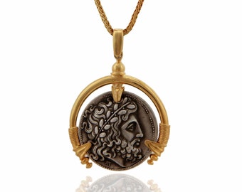 Zeus Greek Coin Pendant Necklace: Sterling Silver Replica, Gold Accents