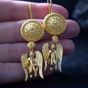 Angel earrings Eros Cupid Solid gold earrings 22kt gold Fine greek jewelry Drop earrings Ancient greek Roman jewelry Gift for her