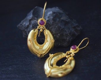 Solid gold ruby earrings 22k gold gemstone earrings Ruby birthstone earrings Ancient greek fine jewelry Elegant earrings Roman