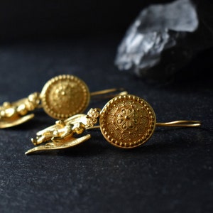 Angel earrings Eros Cupid Solid gold earrings 22kt gold Fine greek jewelry Drop earrings Ancient greek Roman jewelry Gift for her image 4