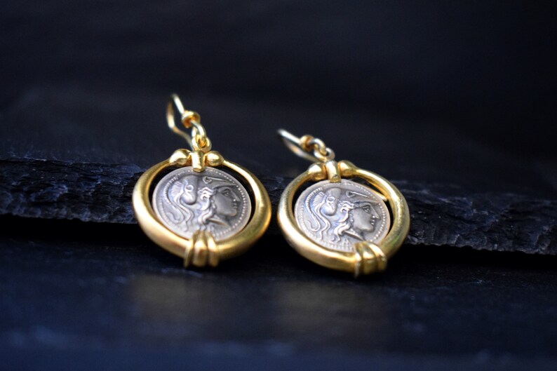 Athena Womens Gold Coin Earrings Ancient Greek Goddess Dangle Sterling Silver Pallas Minerva Jewelry Sterling Silver Graduation Gift for Her