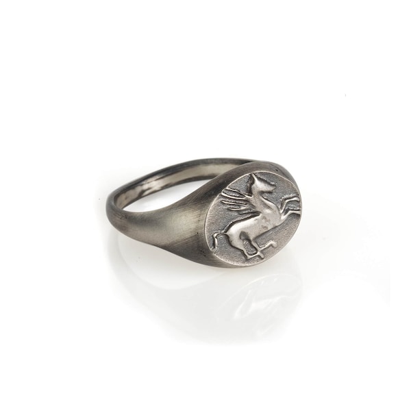 Ancient Greek Pegasus Unisex Ring: Oxidized Sterling Silver Signet Ring