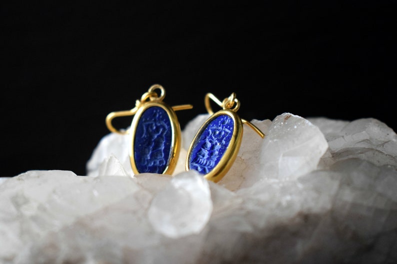 Gold Intaglio Lapis Lazuli Minoan Priestess Grecian Jewelry Set Handcarved Stone Ancient Greek Jewelry Necklaces Women Rings Stone Earrings
