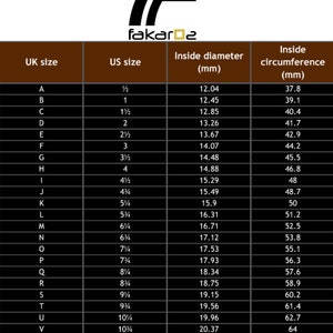 May include: A ring size chart with UK, US sizes, inside diameter in millimeters, and inside circumference in millimeters. The chart includes sizes from A to Z, with corresponding measurements for easy ring sizing.