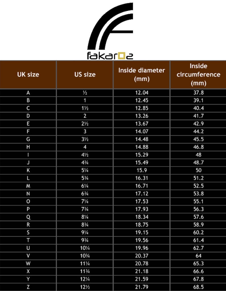 May include: A ring size chart with UK, US sizes, inside diameter in millimeters, and inside circumference in millimeters. The chart includes sizes from A to Z, with corresponding measurements for easy ring sizing.