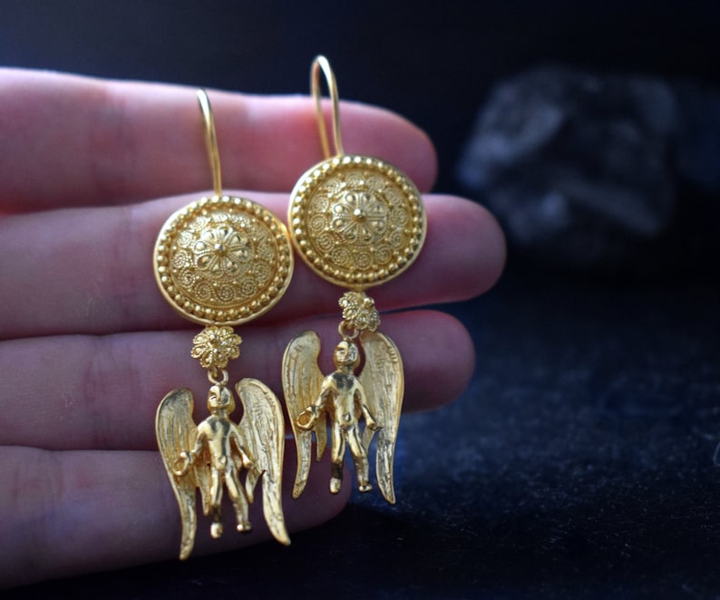 Angel earrings Eros Cupid Solid gold earrings 22kt gold Fine greek jewelry Drop earrings Ancient greek Roman jewelry Gift for her image 1