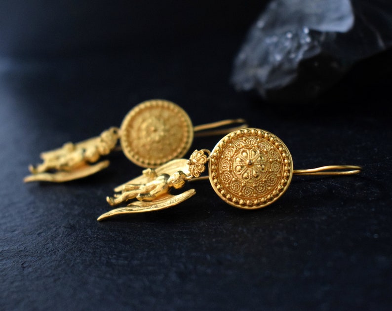 Angel earrings Eros Cupid Solid gold earrings 22kt gold Fine greek jewelry Drop earrings Ancient greek Roman jewelry Gift for her image 2
