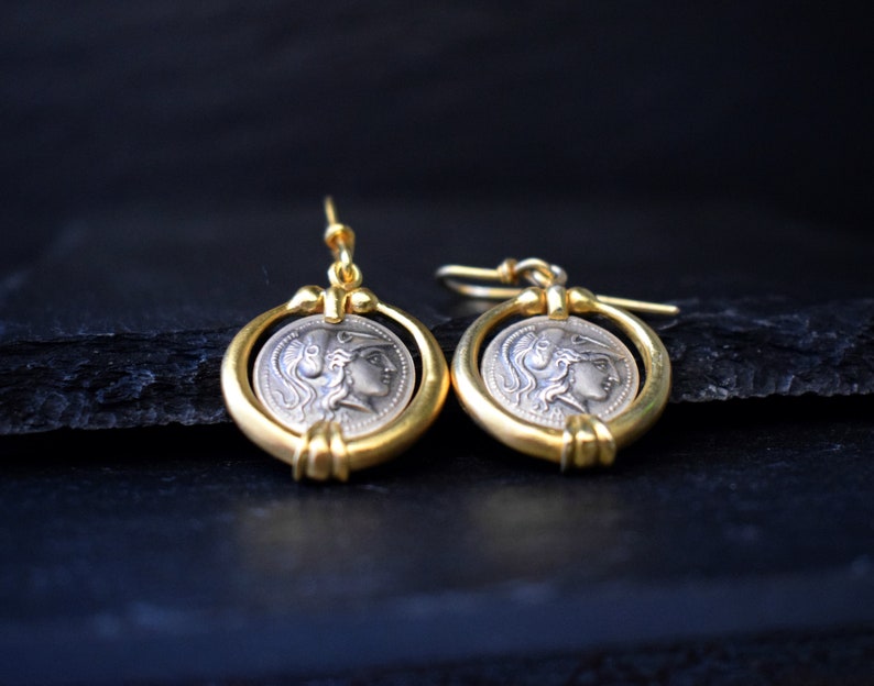 Athena Womens Gold Coin Earrings Ancient Greek Goddess Dangle Sterling Silver Pallas Minerva Jewelry Sterling Silver Graduation Gift for Her