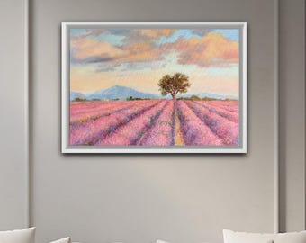 Oil painting canvas Lavender floral field Provence countryside wall decor Original Handmade Dreamy purple art Sunset textured impressionist