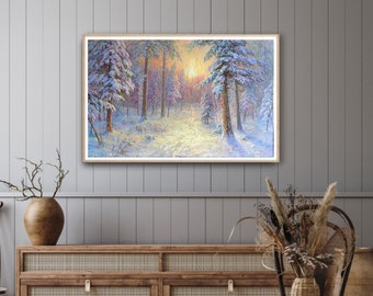 Oil canvas painting Wall art Original winter landscape Winter trees painting Fairy tale forest Large landscape painting Snowy winter scene