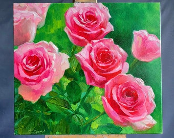 Oil canvas painting Wall art Original floral impressionist artwork Pink rose flower Bright color botanical fine art Living room Home Decor
