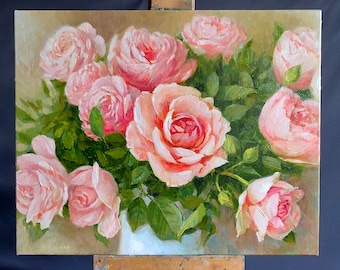 Original Oil Canvas Rose Painting Impressionist Floral Artwork, Bright Colors, Fine Art for Home Decor & Living Room Wall art Garden flower