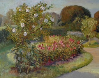 Landscape painting, oil on canvas, original wall art. "Road in the rose garden." Impressionism art, fine art , handmade painting decor