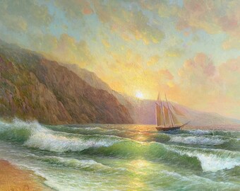 Oil on canvas painting Seascape Ocean waves art Coastal sunset Nautical wall art maritime decor Rocky mountain Sailing art Sea sky artwork