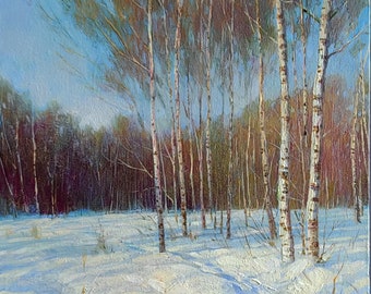 Oil on Canvas Birch Tree Painting - Original oil Snowy Winter Landscape Art, Winter Scene Wall Decor. Forest fine art