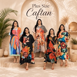 May include: Five caftans with V-necklines and short sleeves, featuring vibrant floral and abstract patterns in colors including orange, blue, black, and red. The text "Plus Size Caftan" is displayed at the top center of the image.