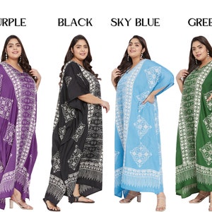 May include: Four colorful caftans in purple, black, sky blue, and green. Each caftan features a V-neck and a white patterned design. The text "PURPLE", "BLACK", "SKY BLUE", and "GREEN" is displayed above each caftan.