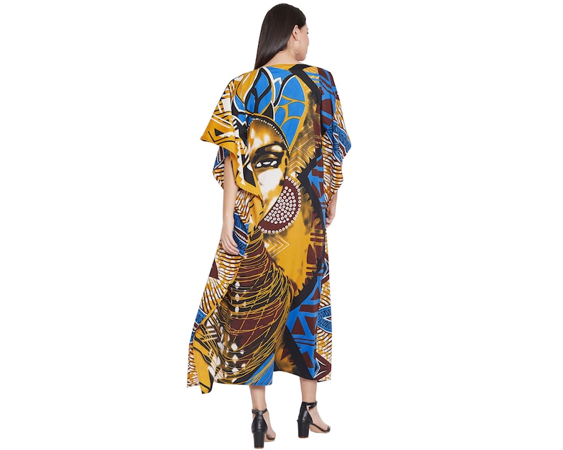 Black Tribal Printed Polyester Plus Size Kaftan Dress For Women