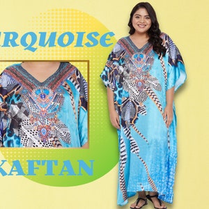 Women Plus Size Kaftan Maxi Dress Kimono Caftan Animal Printed in Brown Grey Turquoise Colors.