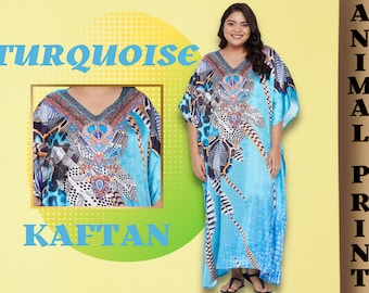 Women Plus Size Kaftan Maxi Dress Kimono Caftan Animal Printed in Brown Grey Turquoise Colors.