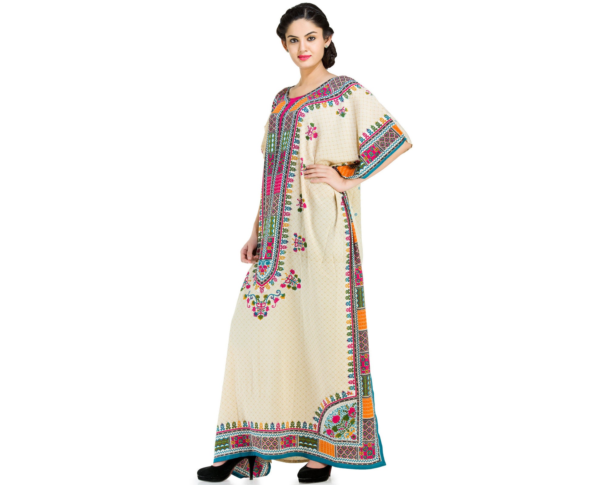 Floral Printed Blue Polyester Kaftan Dress For Plus Size Women